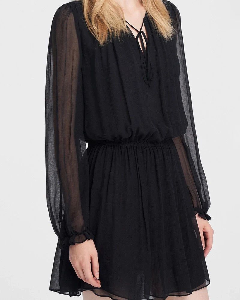 Sheer Sleeve Silk Tie Neck Mini Dress