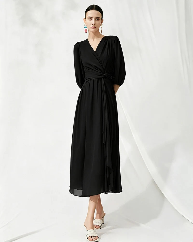 V-Neck Silk Midi Dress with Twist Front Waist