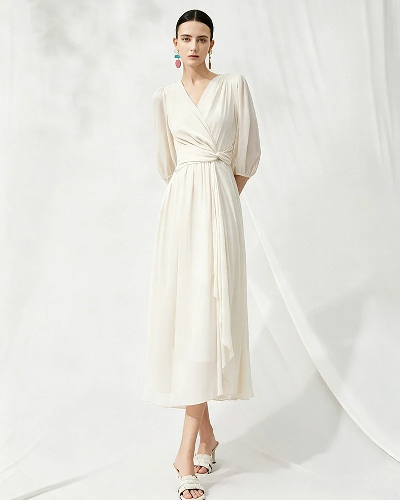V-Neck Silk Midi Dress with Twist Front Waist