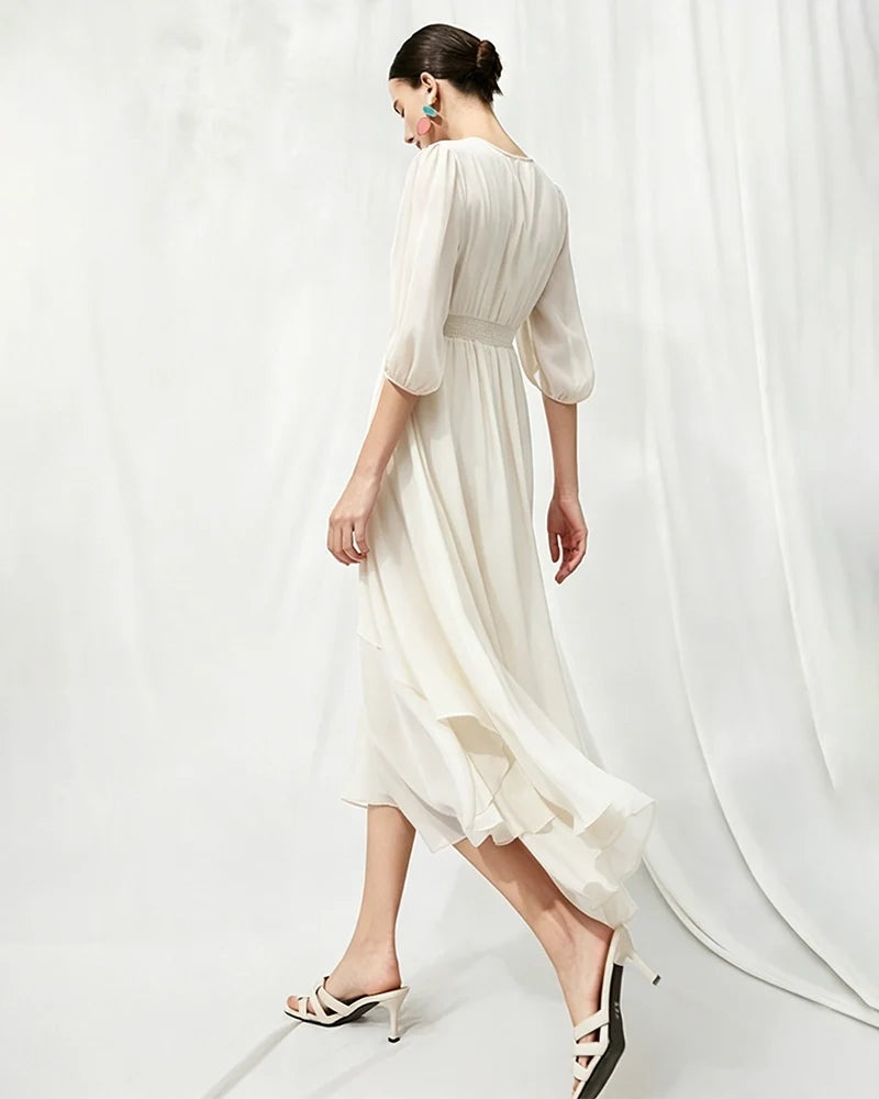 V-Neck Silk Midi Dress with Twist Front Waist