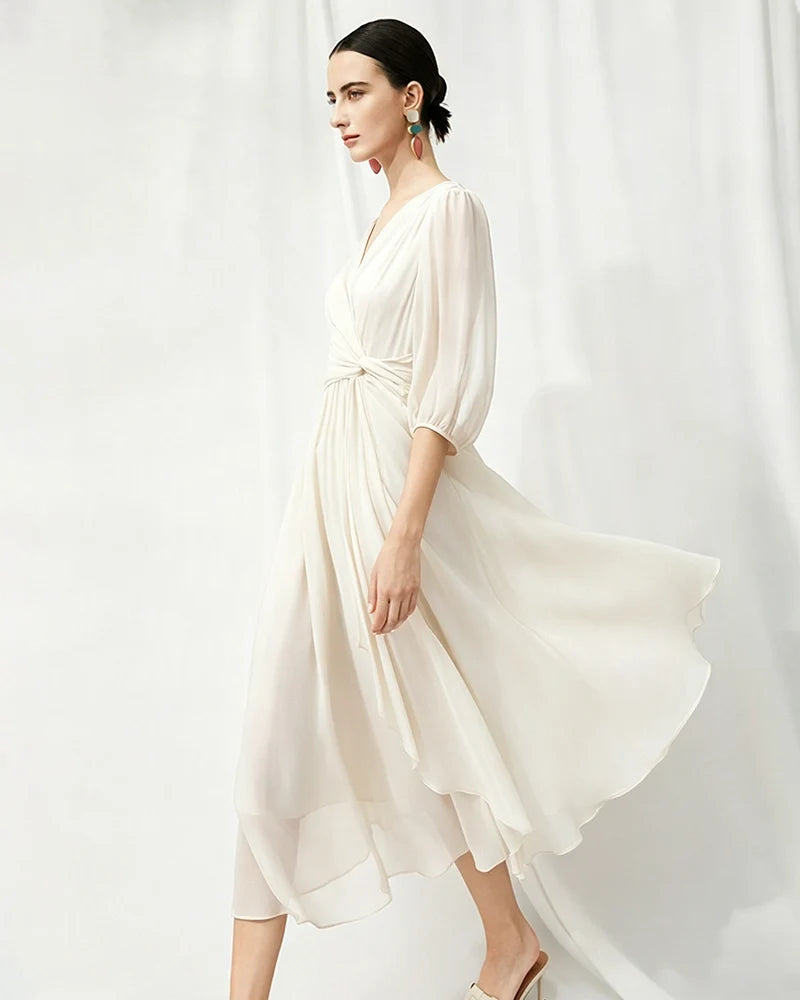 V-Neck Silk Midi Dress with Twist Front Waist