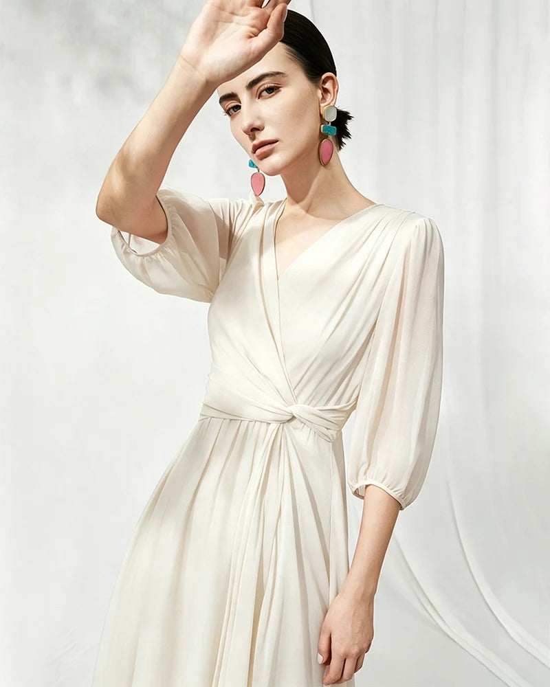 V-Neck Silk Midi Dress with Twist Front Waist