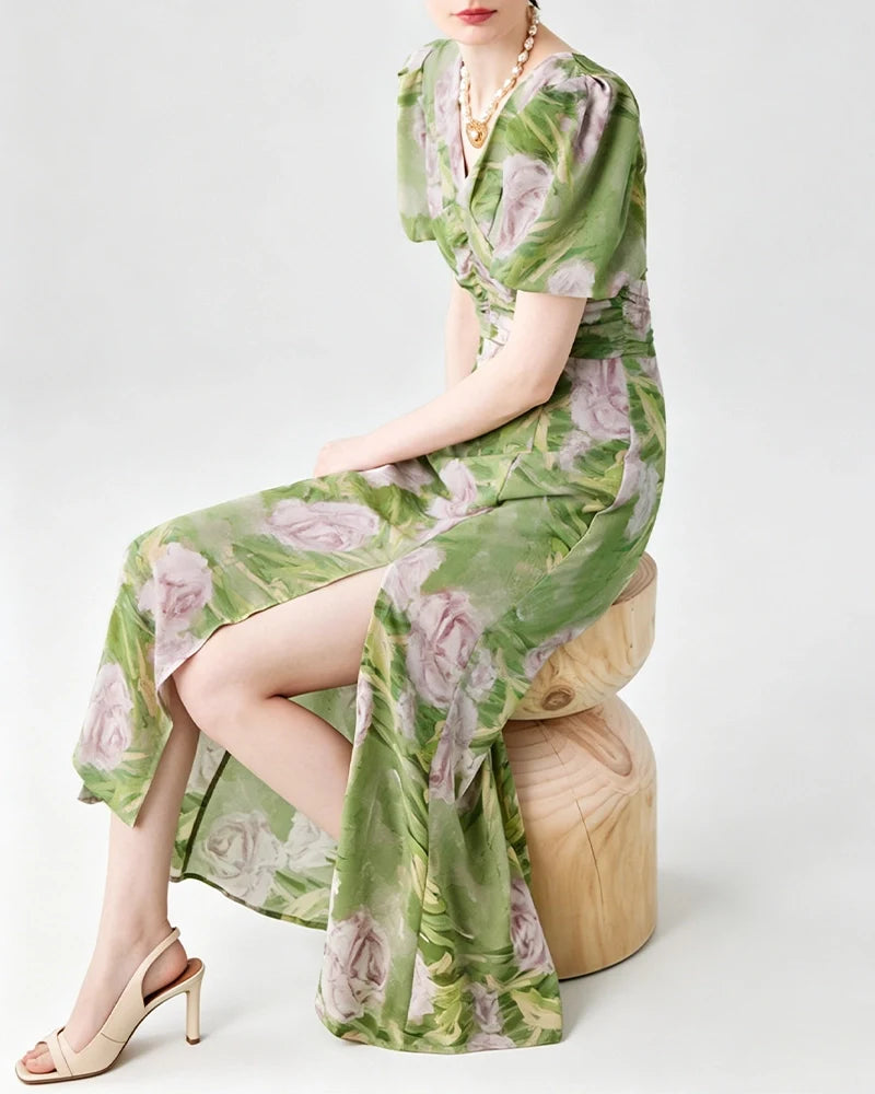 Silk Floral V-Neck Puff Sleeve Midi Dress