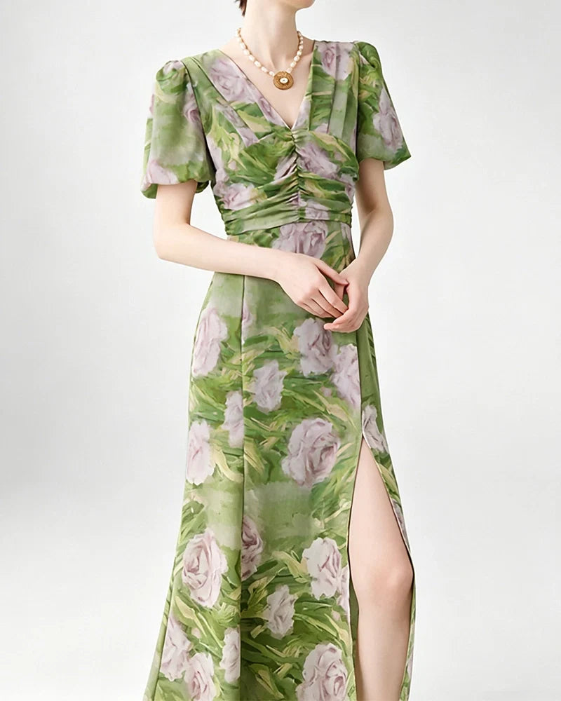 Silk Floral V-Neck Puff Sleeve Midi Dress