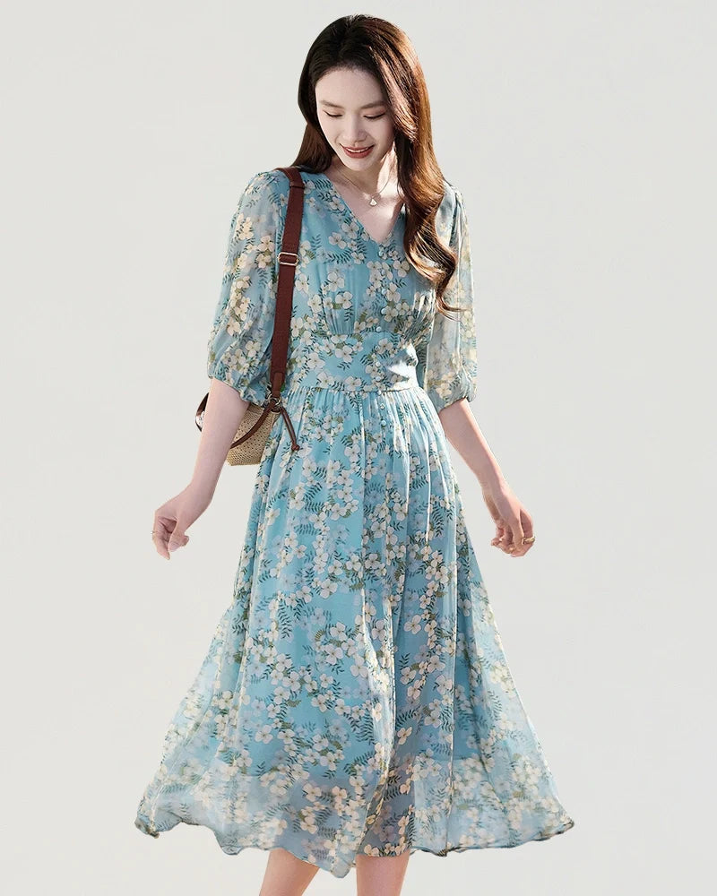 V Neck Floral Silk Button Front Midi Dress