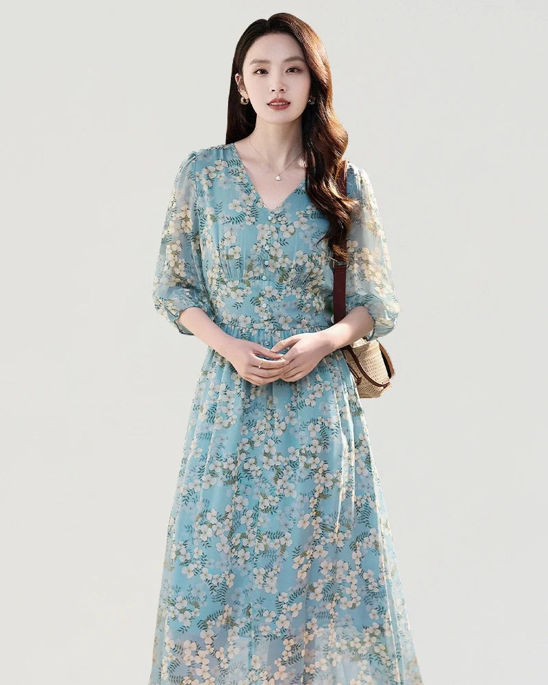 V Neck Floral Silk Button Front Midi Dress