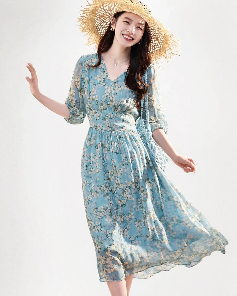 V Neck Floral Silk Button Front Midi Dress