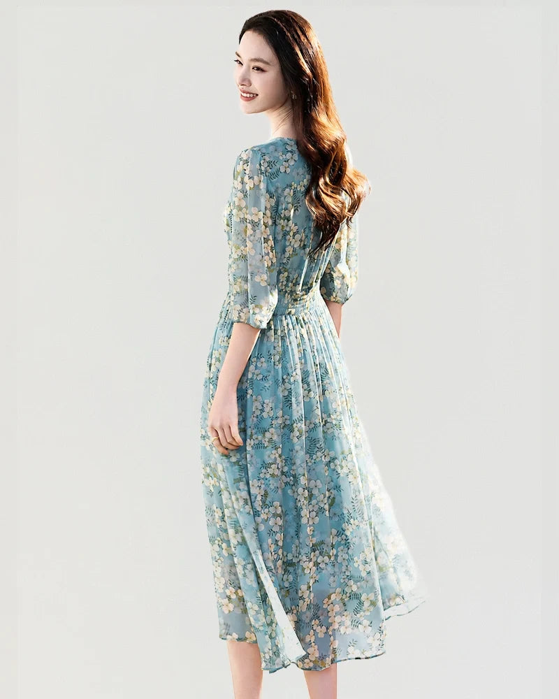 V Neck Floral Silk Button Front Midi Dress