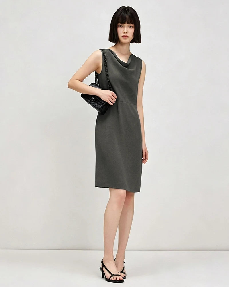 Triacetate Cowl Neck A Line Knee Length Dress