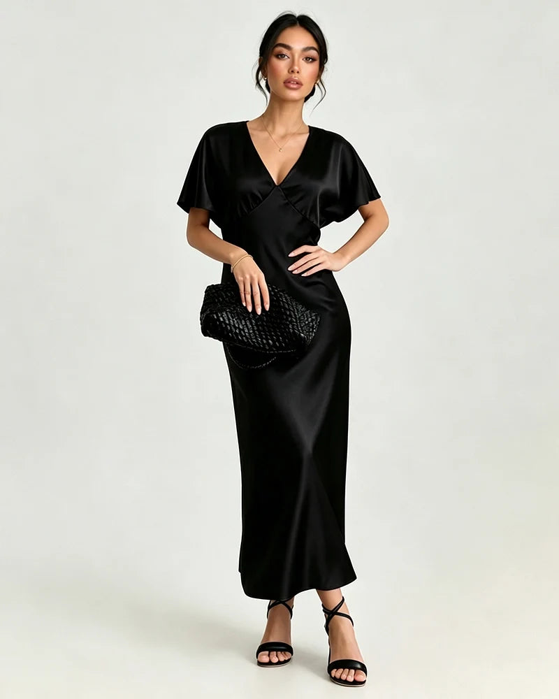 Satin Triacetate Batwing Sleeve Maxi Slip Dress