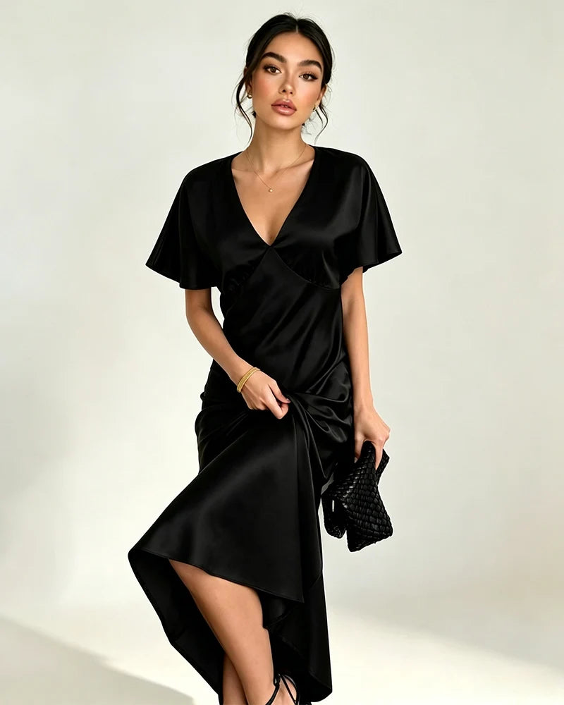 Satin Triacetate Batwing Sleeve Maxi Slip Dress