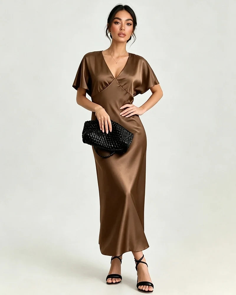 Satin Triacetate Batwing Sleeve Maxi Slip Dress