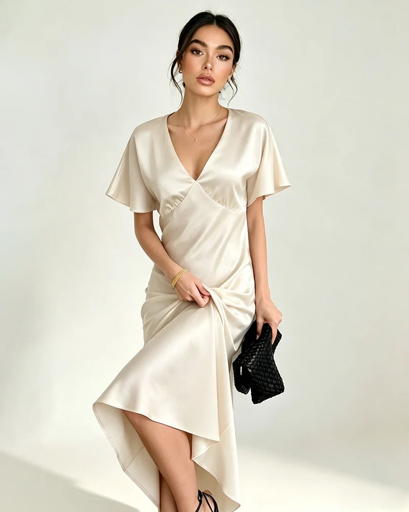 Satin Triacetate Batwing Sleeve Maxi Slip Dress