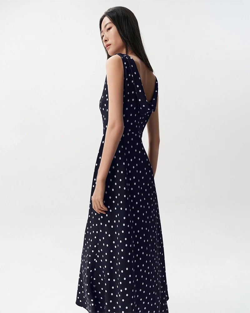 Polka Dot Silk Bias Cut Midi Dress with Cowl Back
