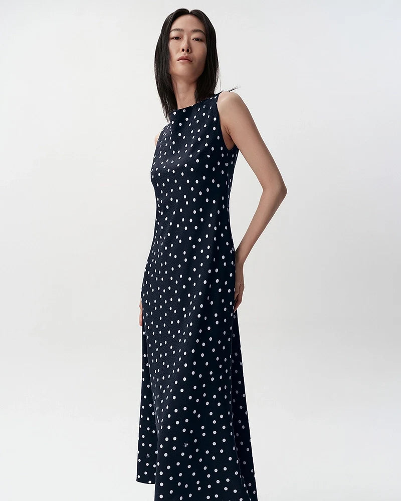 Polka Dot Silk Bias Cut Midi Dress with Cowl Back