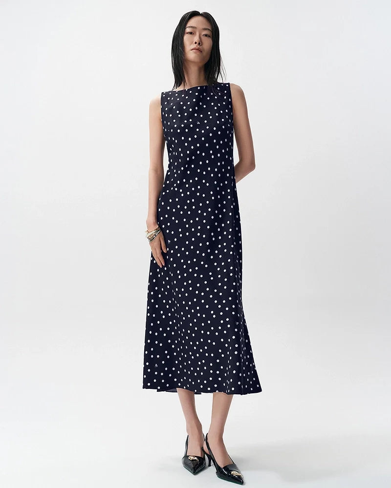 Polka Dot Silk Bias Cut Midi Dress with Cowl Back
