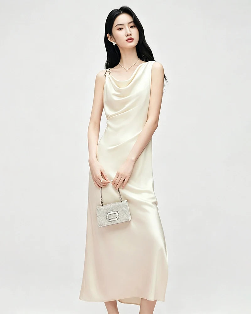 Triacetate Cowl Neck Gathered Waist Sleeveless Dress