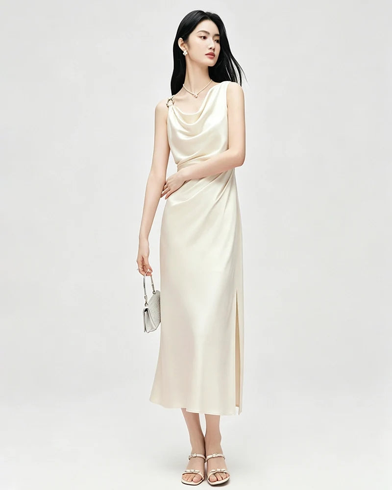 Triacetate Cowl Neck Gathered Waist Sleeveless Dress