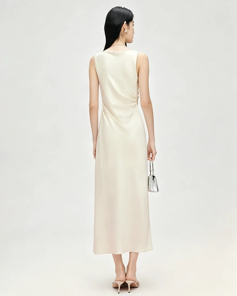 Triacetate Cowl Neck Gathered Waist Sleeveless Dress