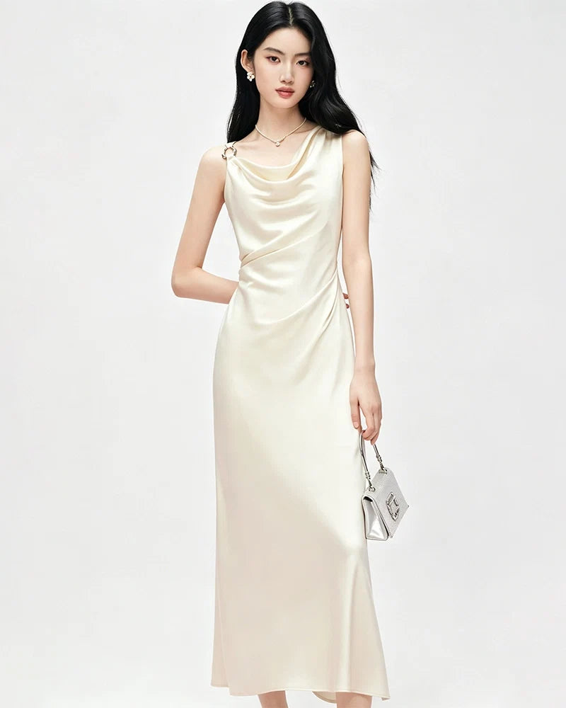 Triacetate Cowl Neck Gathered Waist Sleeveless Dress