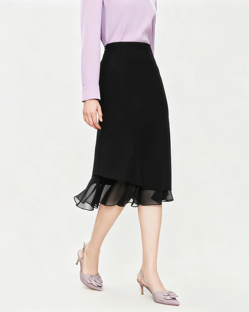 Triacetate Sheer Silk Ruffle Hem Midi Skirt
