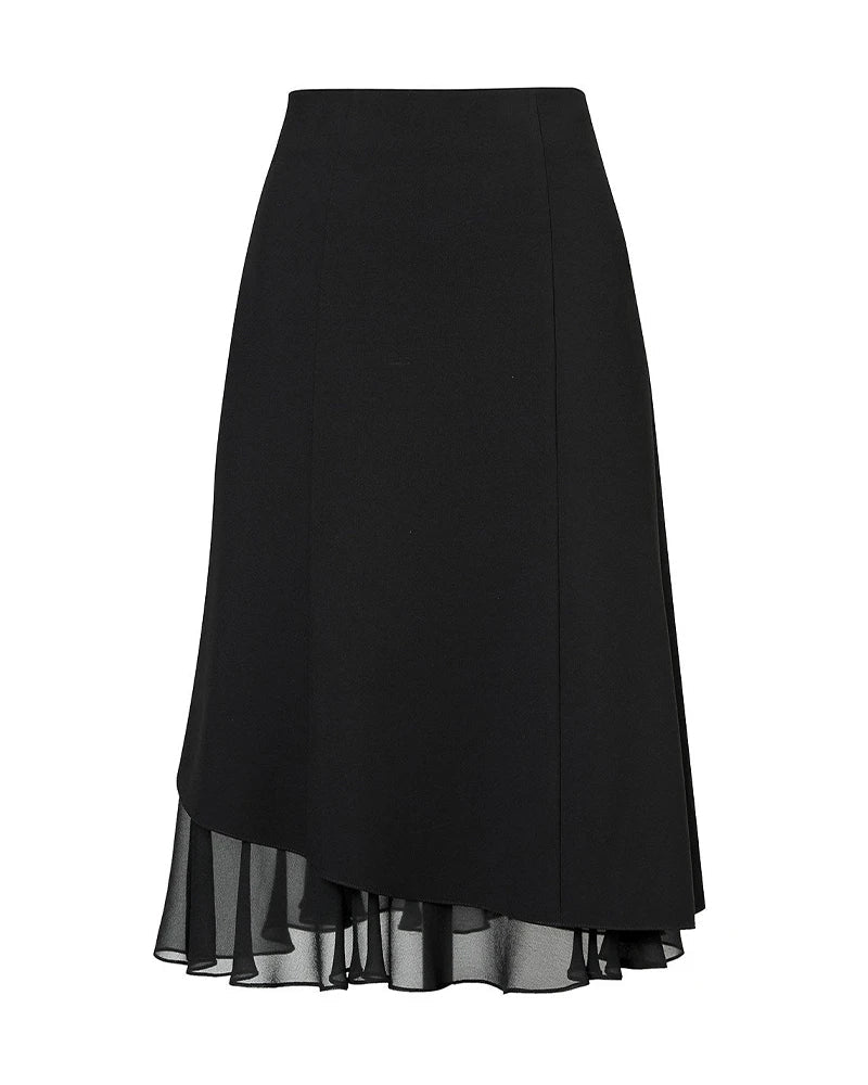 Triacetate Sheer Silk Ruffle Hem Midi Skirt