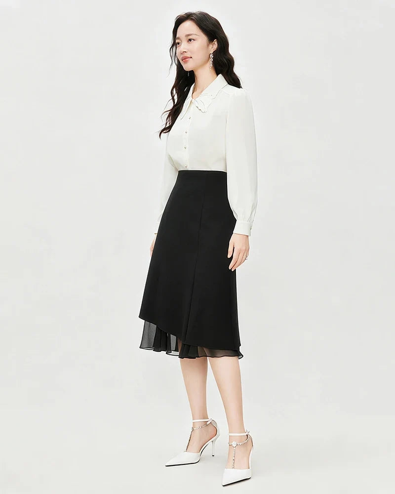 Triacetate Sheer Silk Ruffle Hem Midi Skirt
