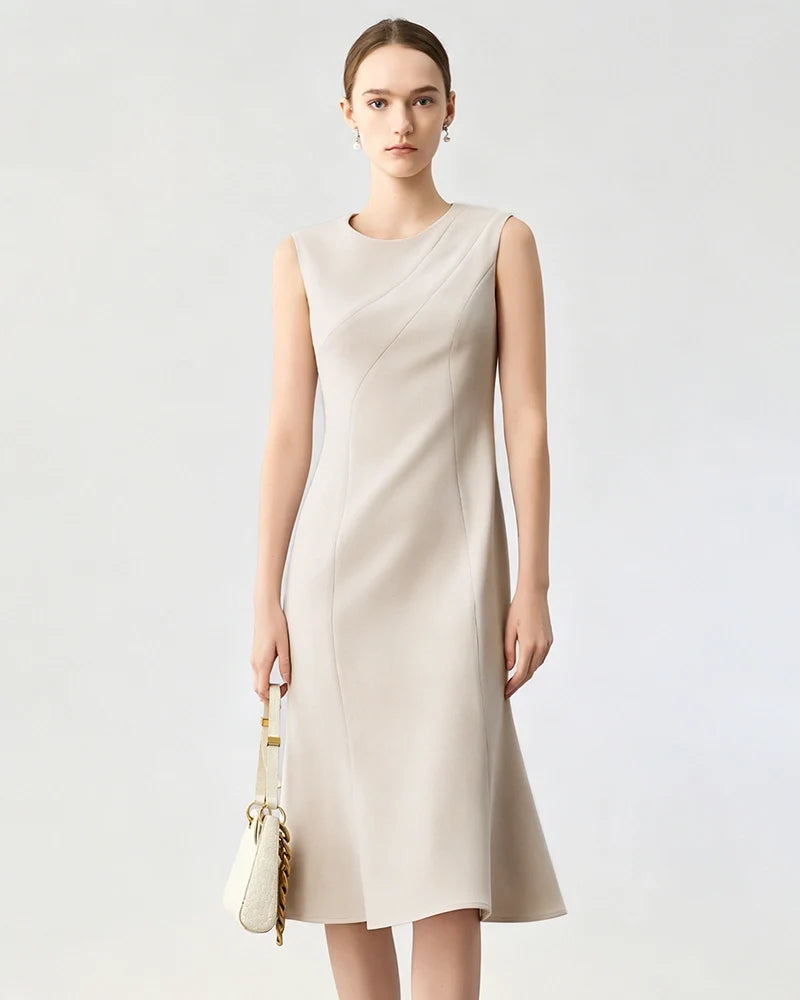 Triacetate Sleeveless Midi Dress with Fluted Hem