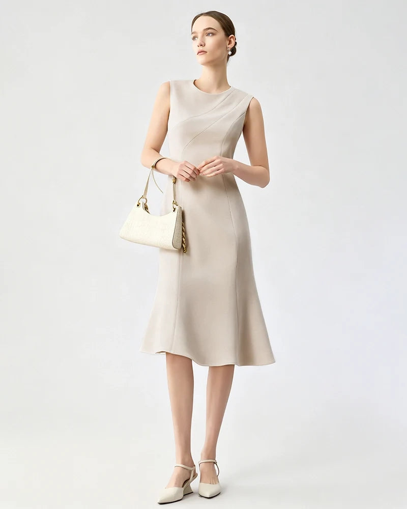 Triacetate Sleeveless Midi Dress with Fluted Hem