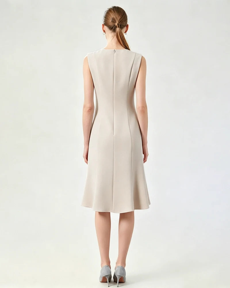 Triacetate Sleeveless Midi Dress with Fluted Hem