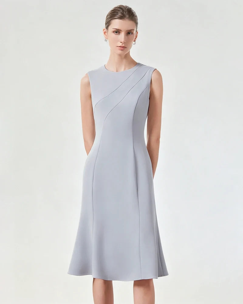Triacetate Sleeveless Midi Dress with Fluted Hem