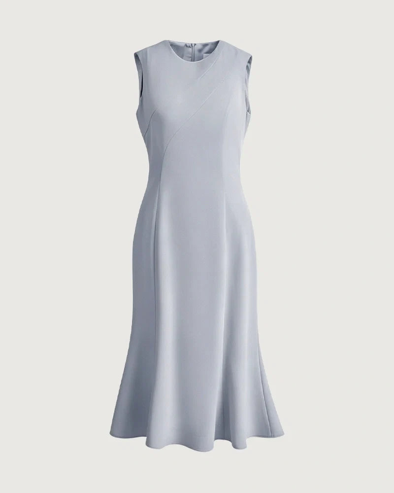 Triacetate Sleeveless Midi Dress with Fluted Hem