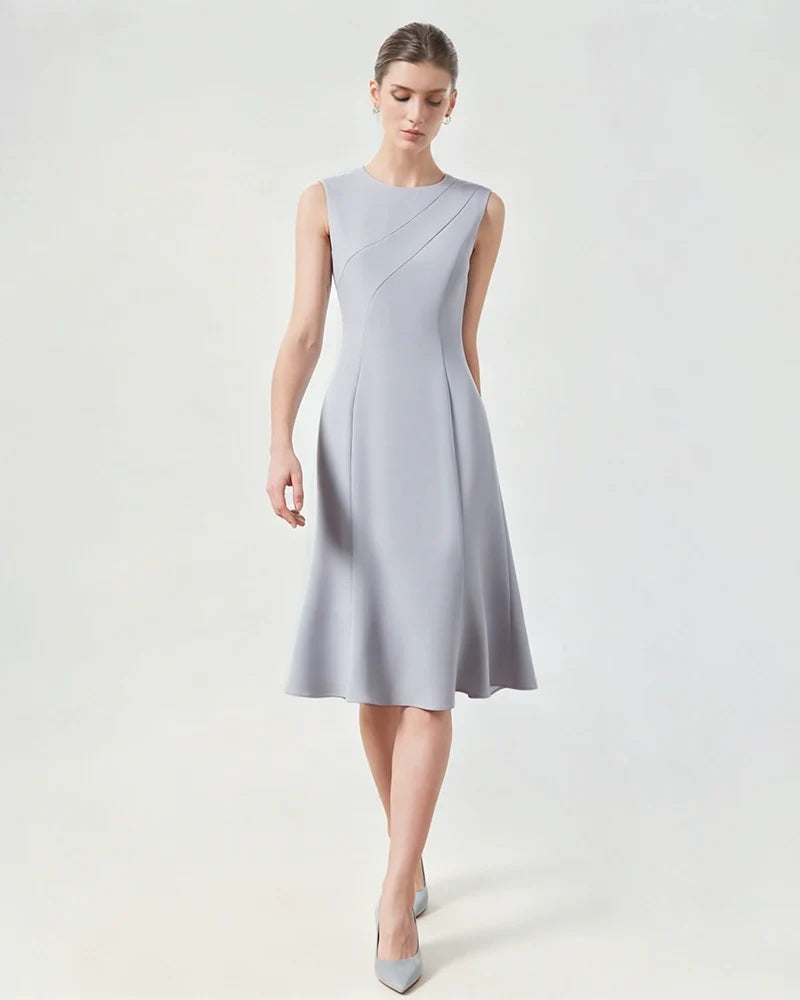 Triacetate Sleeveless Midi Dress with Fluted Hem