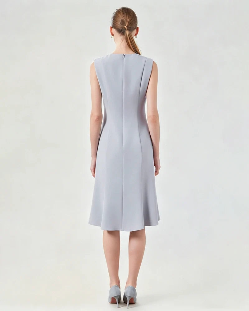 Triacetate Sleeveless Midi Dress with Fluted Hem