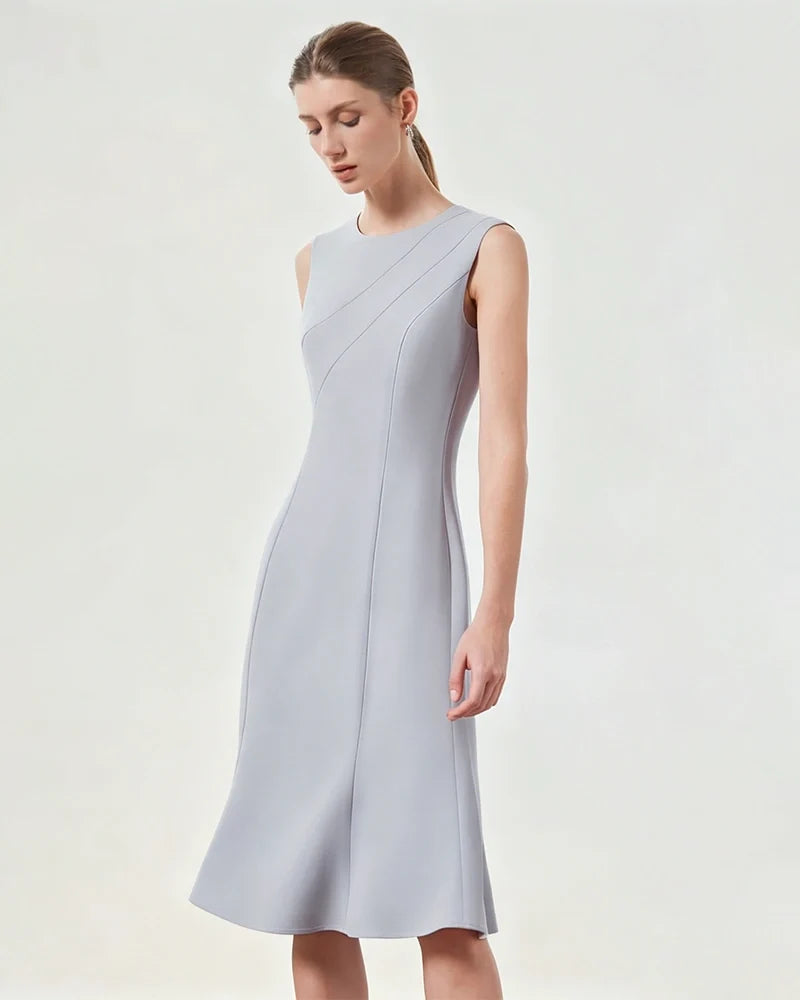 Triacetate Sleeveless Midi Dress with Fluted Hem