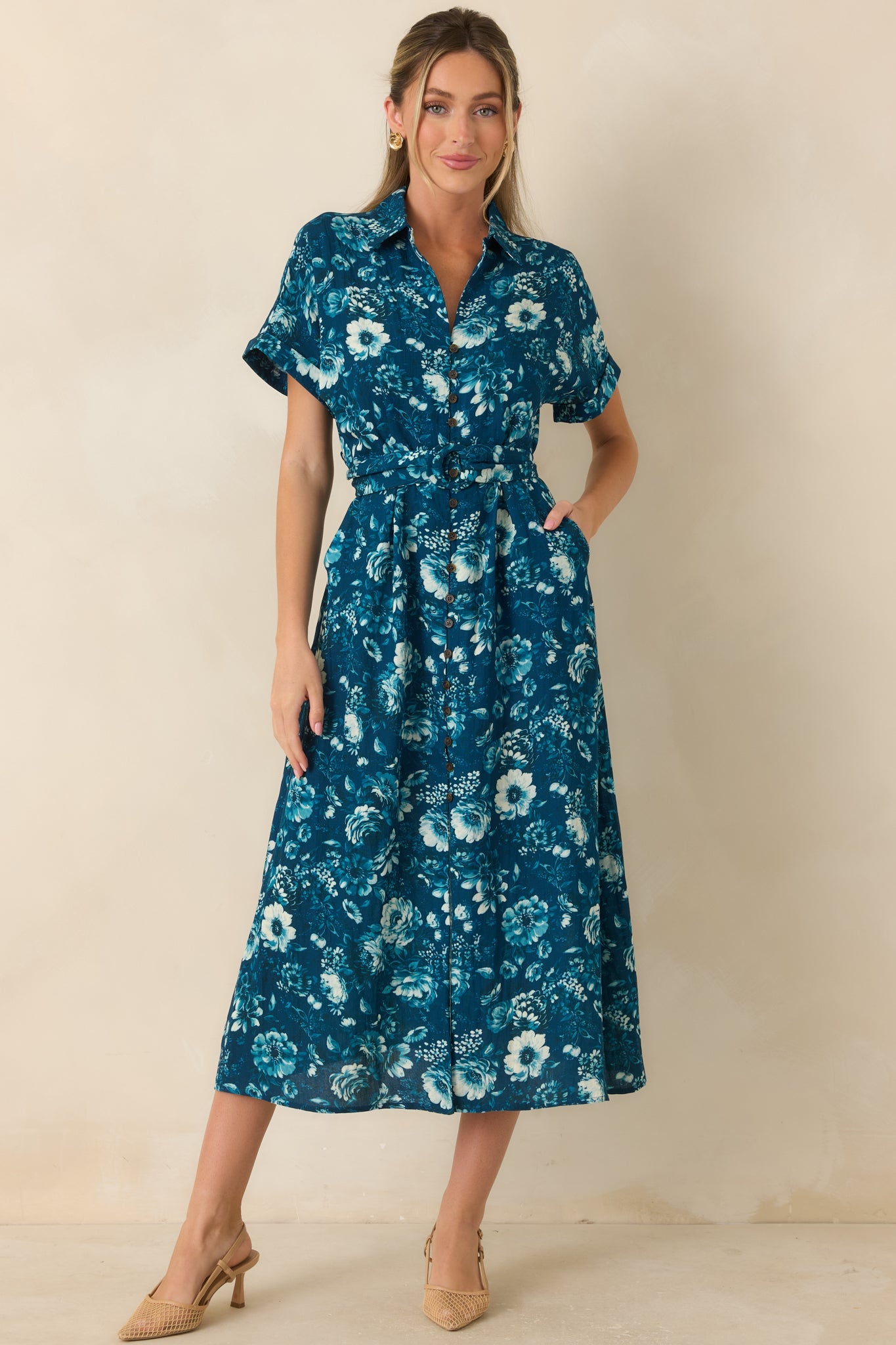 You’ll See Soon Dark Teal Multi Floral Print Belted Midi Shirt Dress