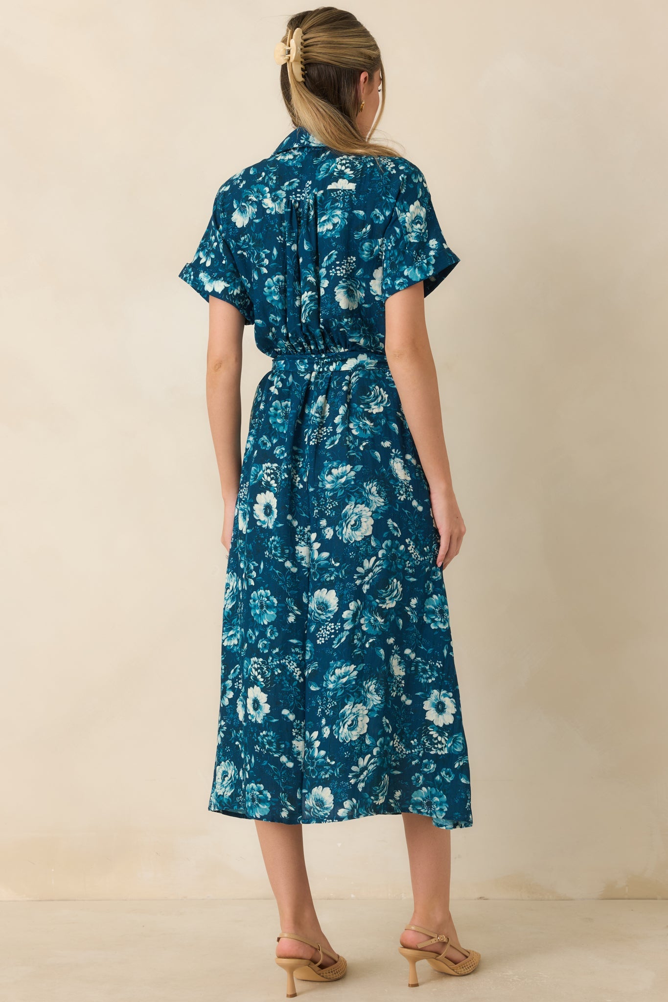 You’ll See Soon Dark Teal Multi Floral Print Belted Midi Shirt Dress