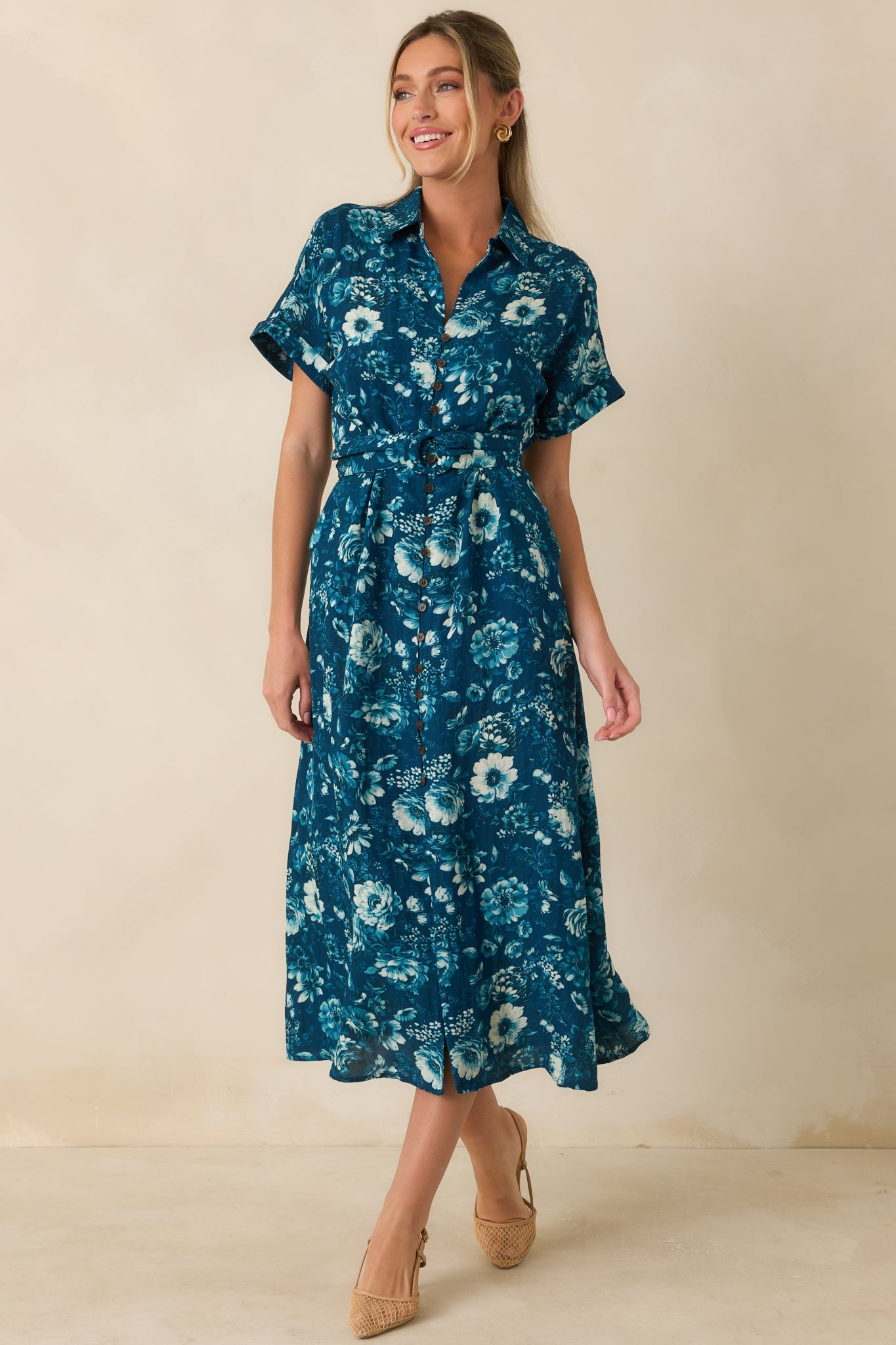You’ll See Soon Dark Teal Multi Floral Print Belted Midi Shirt Dress