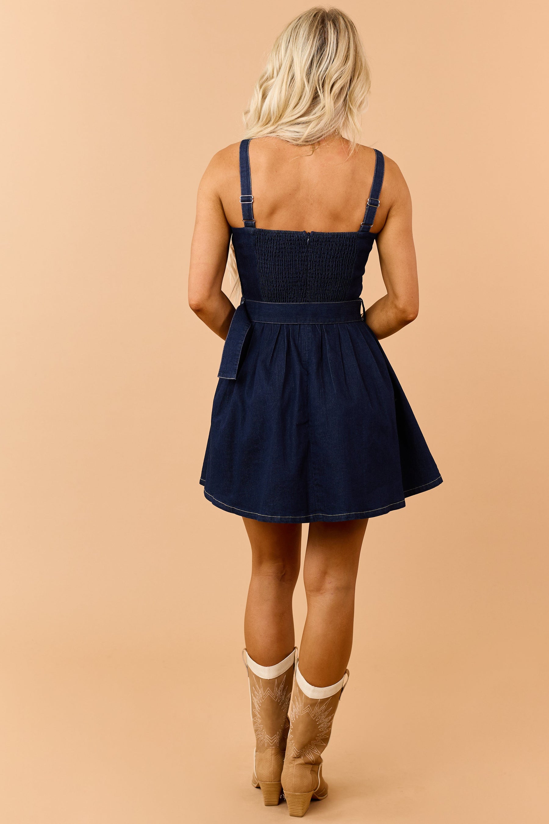 Dark Wash Denim Pleated Mini Dress with Belt