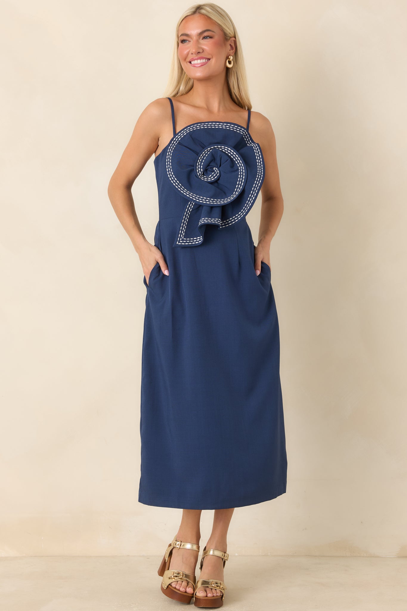 Quite the Impression Navy Rosette Midi Dress
