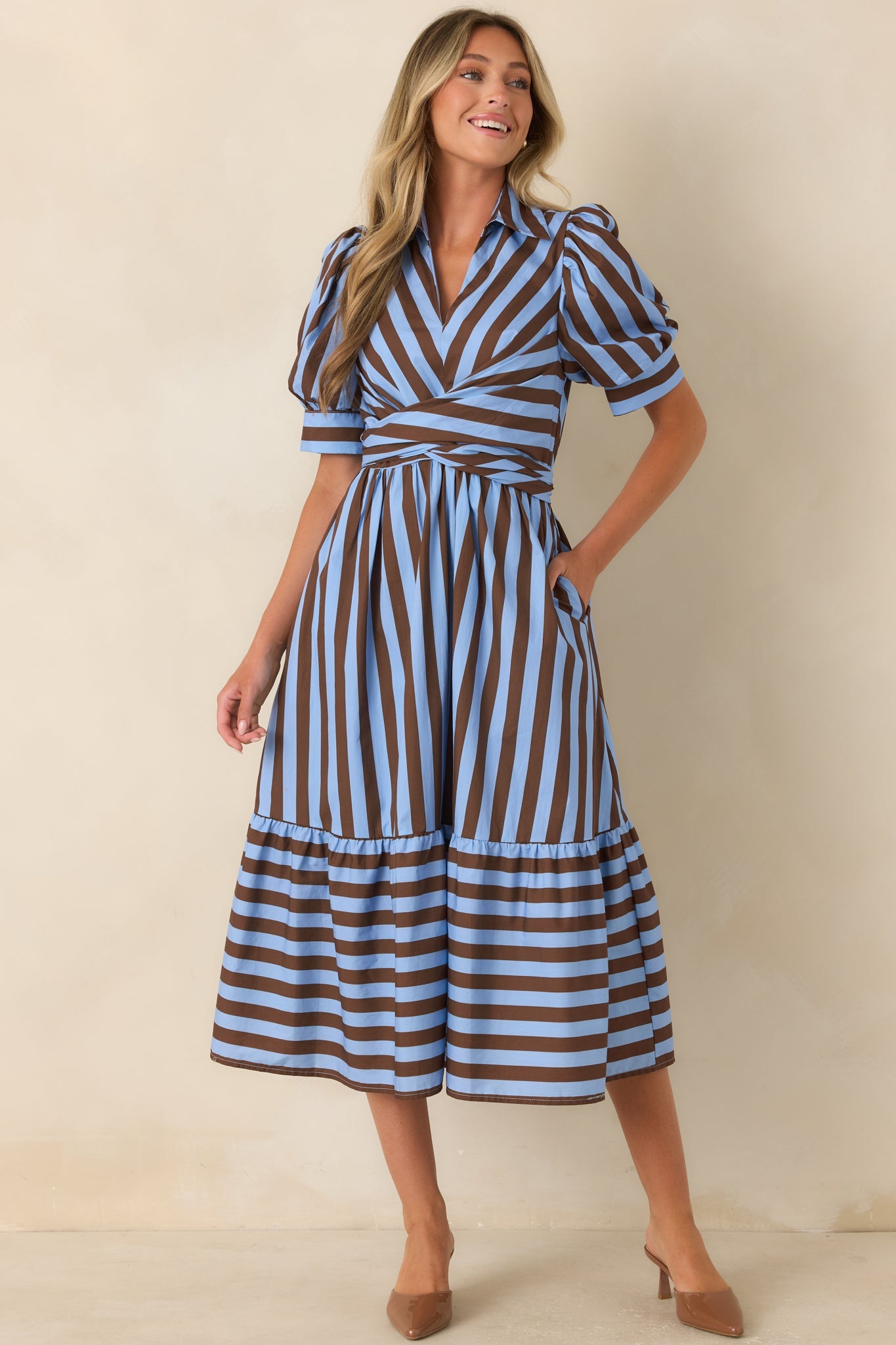 From Another Angle Light Blue & Brown Stripe Cotton Midi Dress