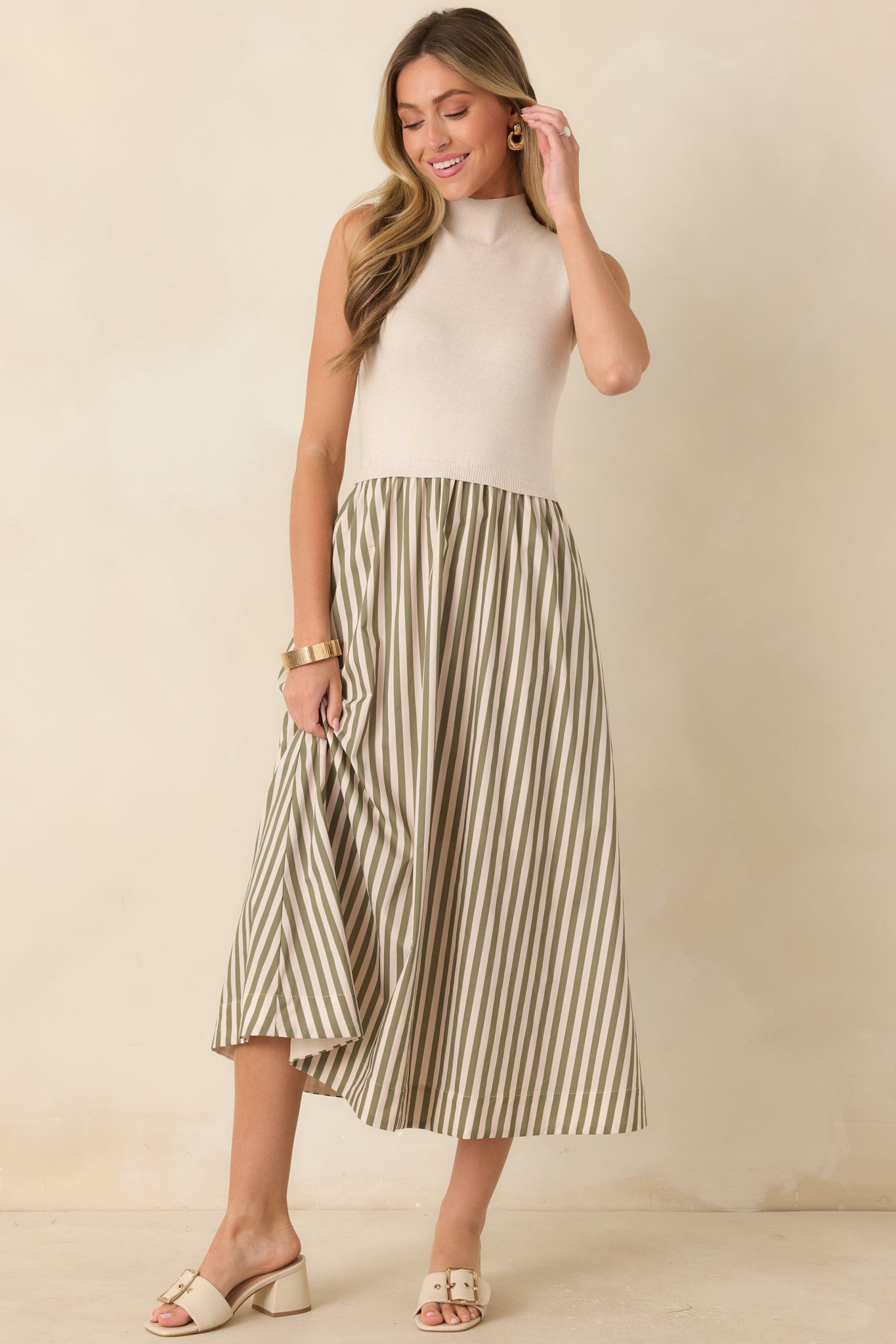 That's More Like It Ecru & Sage Stripe Sweater Midi Dress