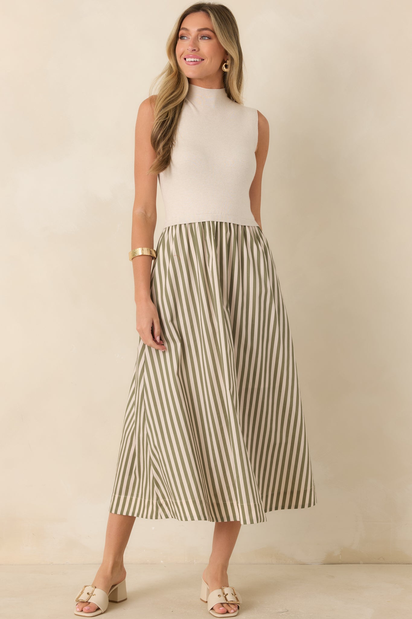 That's More Like It Ecru & Sage Stripe Sweater Midi Dress