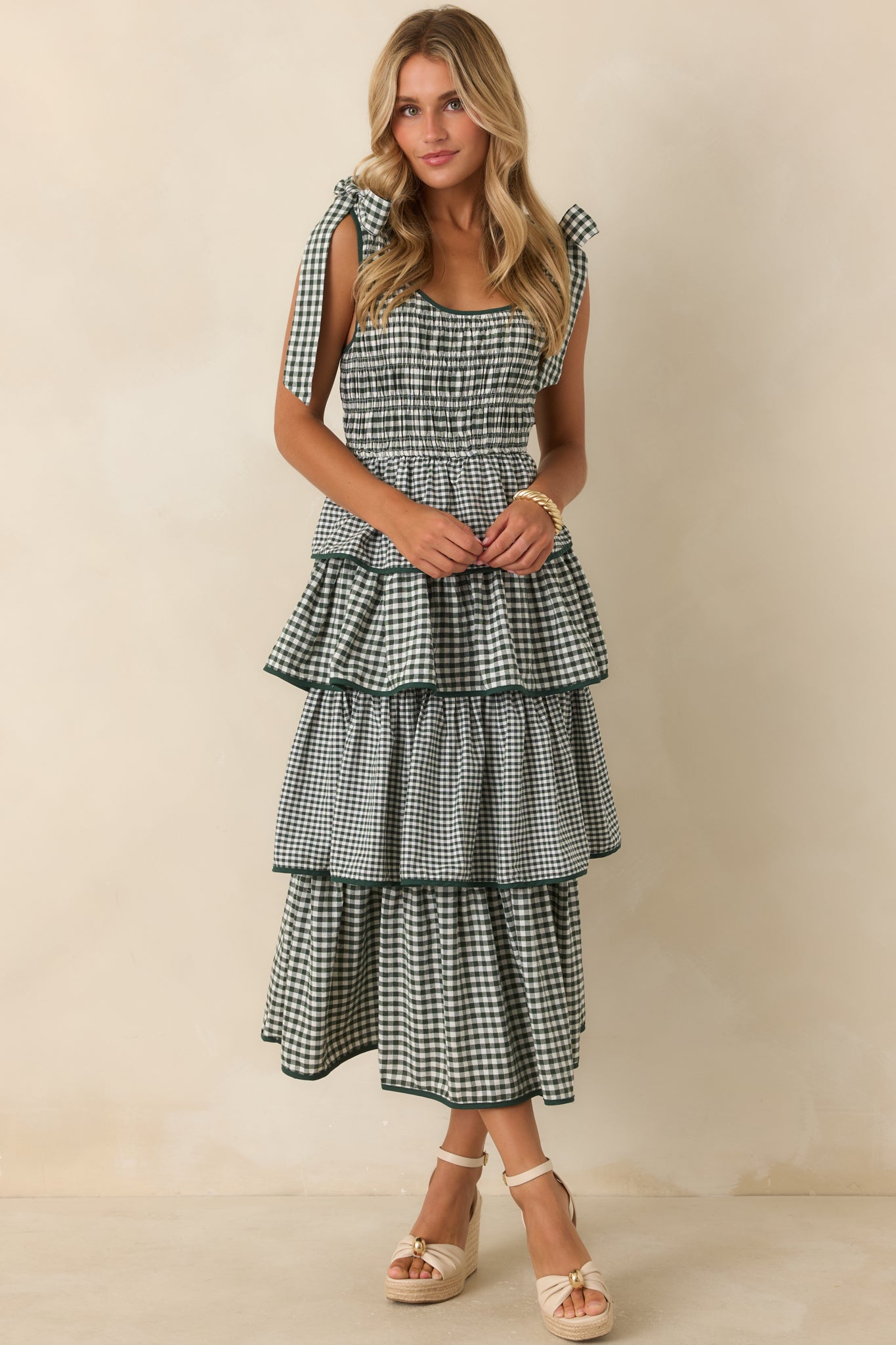 Garden Party Plans Hunter Green Gingham Tiered Midi Dress