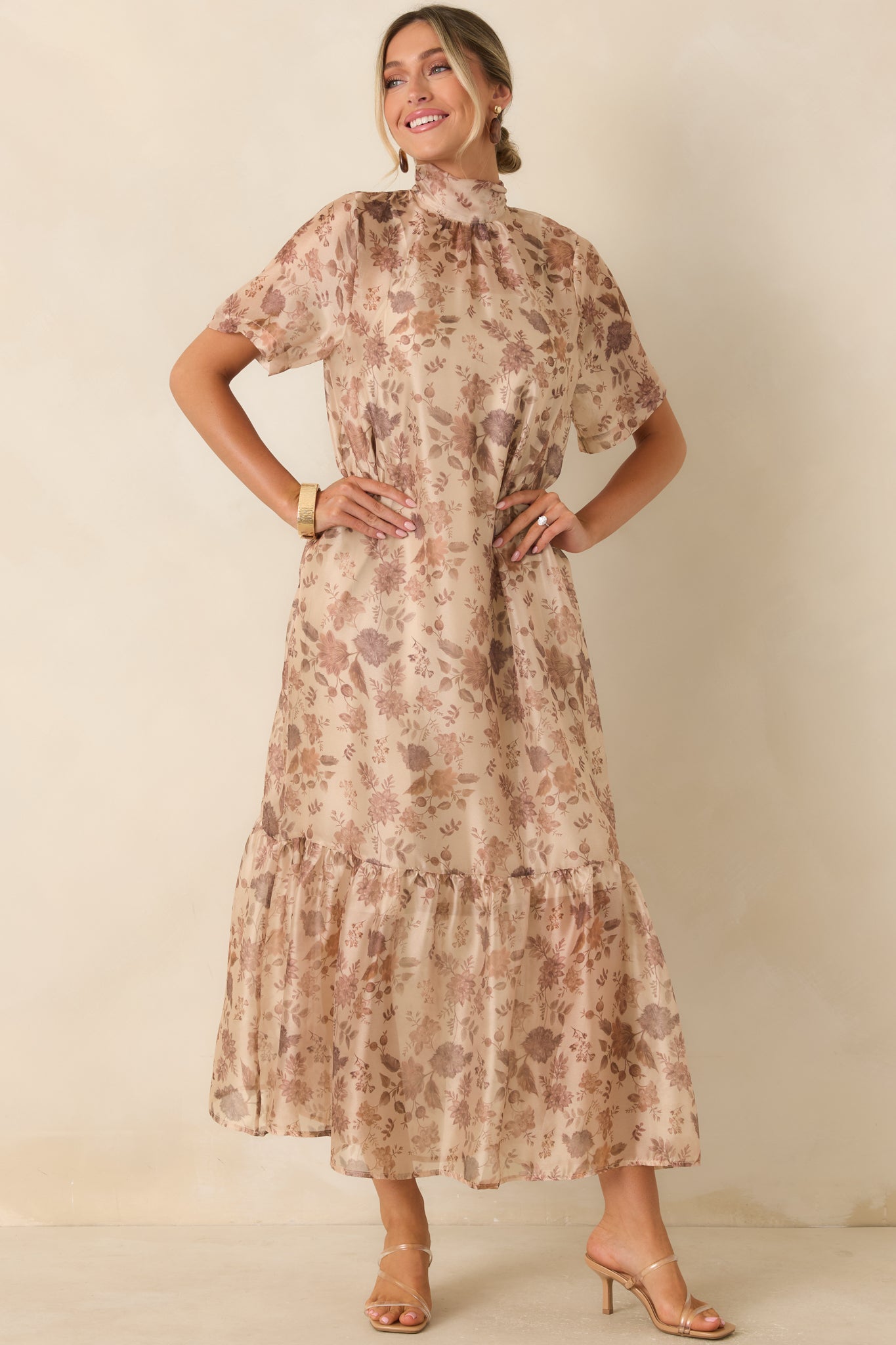 Whispered Intentions Ivory & Taupe Floral Tiered Maxi Dress