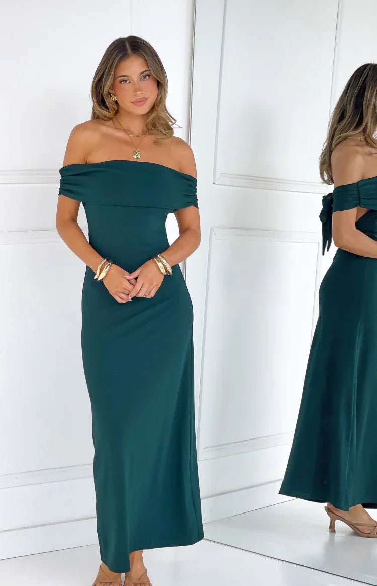 Erica Teal Crepe Off the Shoulder Maxi Dress