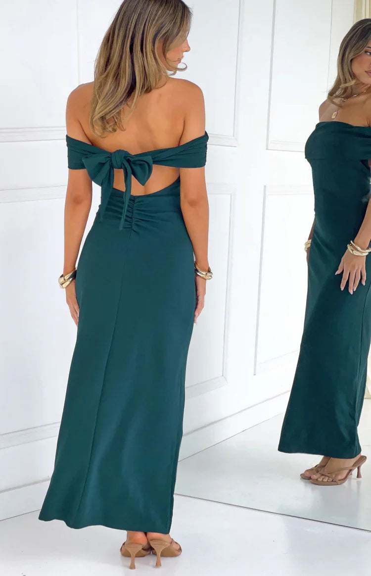 Erica Teal Crepe Off the Shoulder Maxi Dress