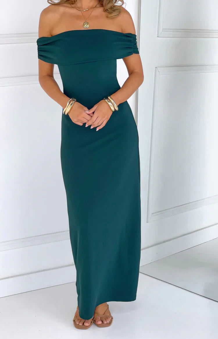 Erica Teal Crepe Off the Shoulder Maxi Dress