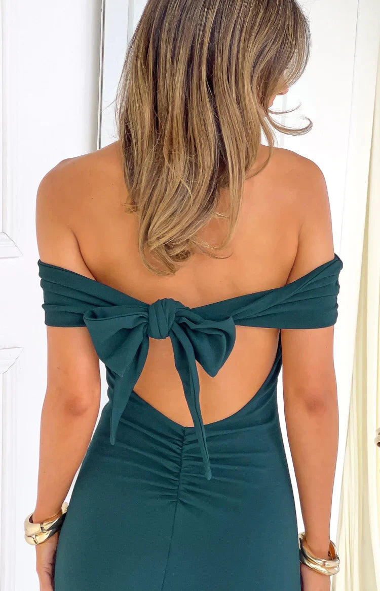Erica Teal Crepe Off the Shoulder Maxi Dress