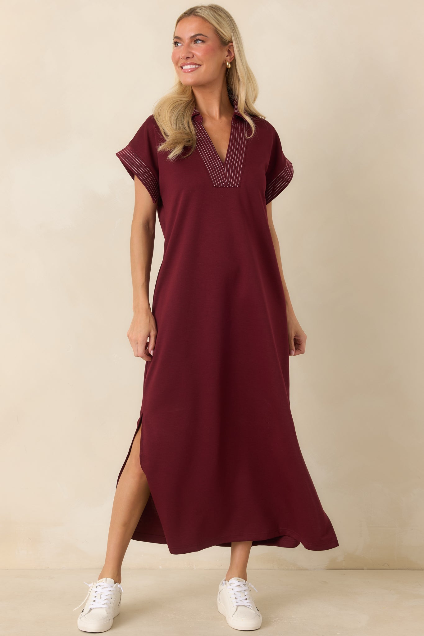 One Less Thing Wine V-Neck Contrast Pinstripe Maxi Dress
